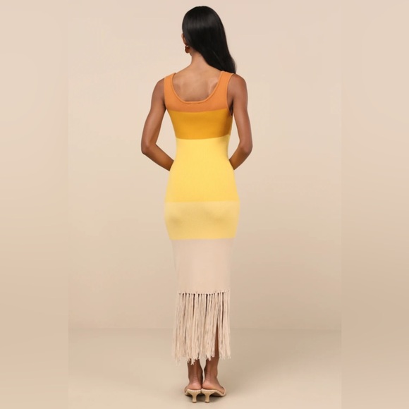 Lulus Delfi Yellow Color Block Fringe Sweater knit Midi Dress boho resortwear - Picture 2 of 9